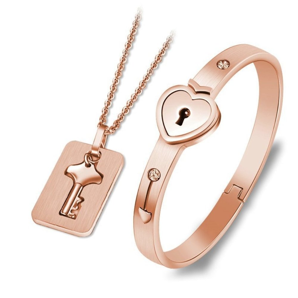 Heart Lock Bracelet & Key Pendant Necklace Set